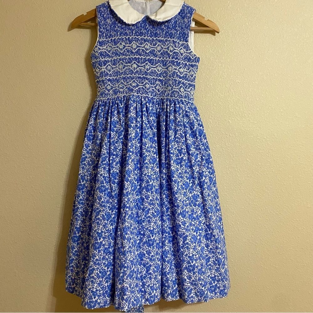 Anavini Hand Smocked Blue Floral Dress